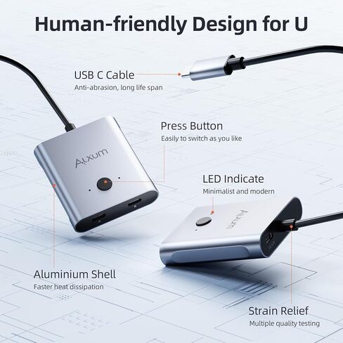 Alxum ثنائي الاتجاه USB C Switch - 2 في 1 خارج/1 في 2 خارج 2 أجهزة كمبيوتر مشاركة 1 أجهزة USB C، محدد محول USB C يدعم 8K@60 هرتز نقل بيانات 10 جيجابت في الثانية، كابلات USB C متضمنة in Kuwait
