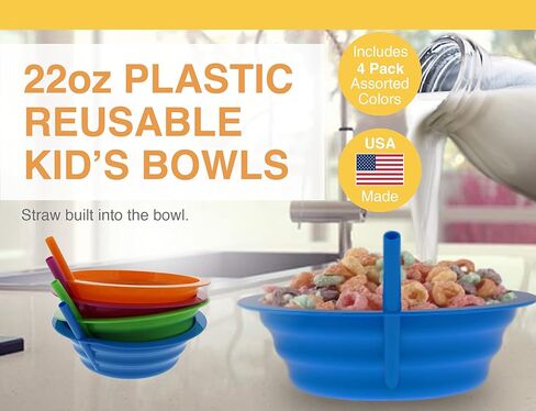 Arrow Home Products مجموعة Sip-A-Bowl، 22oz، 4pk - أوعية من القش خالية من مادة BPA للأطفال لاحتساء كل قطرة دون فوضى - صنع في الولايات المتحدة الأمريكية، رائع للحبوب والآيس كريم والحساء والحليب - ألوان متنوعة in Saudi Arabia