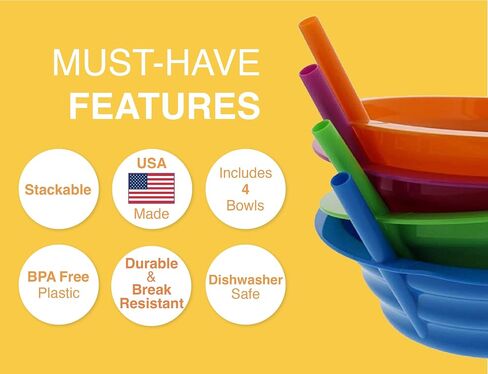 Arrow Home Products مجموعة Sip-A-Bowl، 22oz، 4pk - أوعية من القش خالية من مادة BPA للأطفال لاحتساء كل قطرة دون فوضى - صنع في الولايات المتحدة الأمريكية، رائع للحبوب والآيس كريم والحساء والحليب - ألوان متنوعة in Saudi Arabia