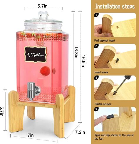 Drink Dispenser,Water Dispenser And Beverage Dispenser Stand(Natural Bamboo).Fit Max 8.66 Inch Glass Drink Dispenser,Water Jugs,Glass Water Pitcher.Ideal for Home, Parties, and Catering Events. in Saudi Arabia