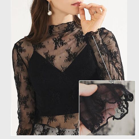 Lace Tops for Women Long Sleeve Undershirt Floral Mesh Sheer Layering Top in Saudi Arabia