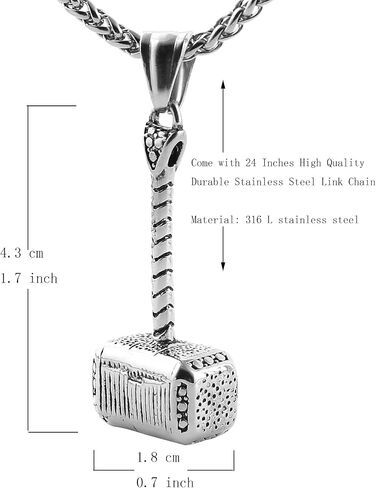HZMAN Thor Hammer Stainless Steel Necklace For Men and Women Hammer Pendant Necklace 22+2 Inch Chain in Saudi Arabia