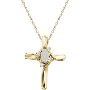 14K Yellow Gold Opal and Diamond Cross Pendant with 18" Chain