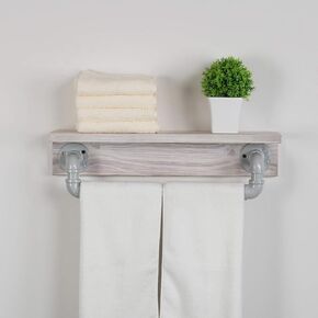 MBQQ Industrial Pipe Shelf,Rustic Wall Shelf with Towel Bar,20" Farmhouse Towel Racks for Bathroom,Floating Shelves Wall Mounted Home Decor Wooden Shelving,Black & White