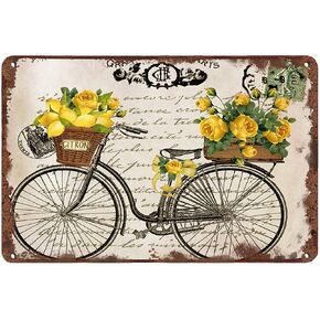 Retro Tin Sign Vintage Lemon and Roses Bicycle Kitchen Decor Summer Decor Funny Wall Decor for Home Cafes Office Store Pubs Club Plaque Tin Sign 12 X 8 INCH Sign Gift