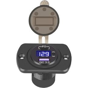 Upgraded Quick Charge 3.0 USB Charger Socket with Digital Voltmeter Waterproof 2 Port USB Outlet PD Type-C Port and Power Switch Button USB Car Charger Panel for 12V/24V Car Boat Marine Motorcycle ATV
