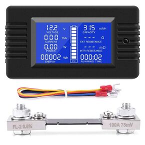 DC Battery Monitor Amperemeter with Shunt, DC 0-200V 0-100A Digital Watt Meter Voltmeter Multimeter Voltage Current Ammeter Energy Meter Tester for Cars RV Solar System (DC 100A Battery Meter) in Kuwait