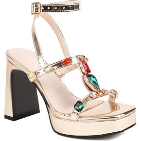 Women's Chunk High Heel Pump Sandals Ankle Strap Rhinestone Platform Square Toe Buckle Straps Sandals Block Heels Dress Wedding Party Shoes