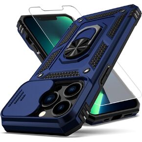 for iPhone 13 Pro Max Case,with Camera Lens Cover HD Screen Protector,[Military Grade] Ring Car Mount Kickstand Hybrid Hard PC Soft TPU Shockproof Protective Case for iPhone 13 Pro Max, Black