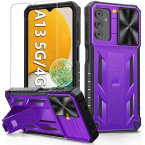 Case for Samsung Galaxy A13 5G: Rugged Protective A13 Cell Phone Cover with Kickstand & Slide - Shockproof TPU Matte Textured Bumper Design Military Drop Proof Protection - Pink Purple