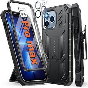 FNTCASE for iPhone 13 Pro-Max Case: Military Grade Shockproof Full Protective Rugged Cell Phone Cover with Kickstand & Belt-Clip Holster, Drop Proof Hard 13 Pro-Max Cases 5G - 6.7 Inch Black