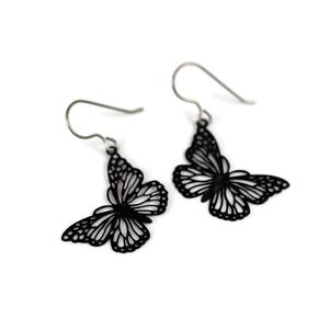 Butterfly Dangle Earrings Lightweight Metal Cutout on Hypoallergenic Titanium Hooks (Black)