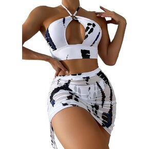 Sexy 3 Piece Swimsuits for Women - Cutout O-Ring Halter Bikini Top Panty,Bodycon Drawstring Cover Up Skirt
