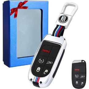Moonlinks Zinc Alloy Key Fob Cover Case 5-Button & Keychain Compatible with Jeep Grand Cherokee Dodge Challenger Charger Dart Durango Journey Chrysler 300,Silicone Remote Key Case Holder Shell,Gray