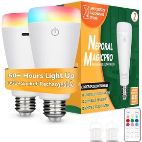 Neporal MAGICPRO Smart Rechargeable Light Bulbs with Remote, USB+Socket Rechargeable Battery Operated Light Bulb for Lamp and Sconces, 2 Hrs Fast Charging Last 5-52 Hrs, 9+3 Colors (‎MagicPro RGB, 2)