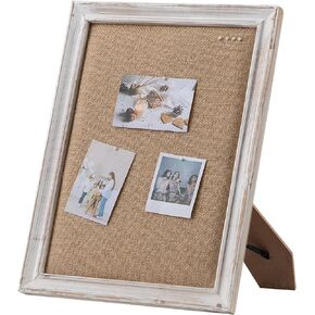 SOFE Small Linen Desk Bulletin Board, 12"×16" Decorative Pin Board Wood Framed with Stand, Tabletop Vision Photo Display Picture Board for Living Room Bedroom, Country Style