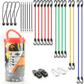 Wellmax Bungee Cords Hook Assortment Jar, 24 Piece +4 Bonus PC Set with Canopy Ties Plastic Coated Metal Hooks