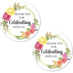 40 Floral Thank You for Celebrating with Us Stickers, 2 Inch Big Round Glossy Labels, Great for Weddings, Bridal Shower, Engagement Party, Party Favors Décor, Tags, Supplies. Made in USA.
