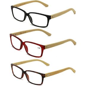 V.W.E. 3 Pairs Genuine Real Bamboo Reading Glasses - Rectangular Modern Readers - Unisex