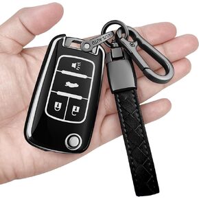 Sindeda for Chevrolet Key Fob Cover with Keychain Soft Full Protection Key Shell Key Case Compatible with Chevy Equinox Camaro Cruze Malibu Sonic Buick Terrain (Black, 4 Buttons)
