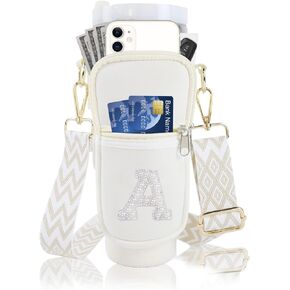 Initial A-Z Water Bottle Carrier Bag with Strap for Stanley 40oz Tumbler, Personalized Water Bottle Holder Pouch with Pearl Letter Phone Pocket for Stanley Cup Accessory Custom Gift for Women Beige S