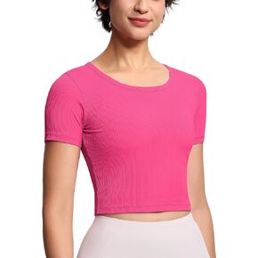 THE GYM PEOPLE Women's Cute Crop T-Shirts Short Sleeve Ribbed Ice Silk Slim Fit Casual Tee Tops