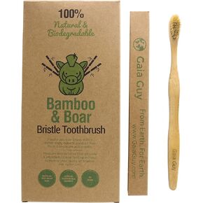 Gaia Guy Natural Bristle Bamboo Toothbrush with Boar Bristles - Totally Biodegradable and Compostable - No Nylon Toothbrushes - Zero Waste 12-Pack