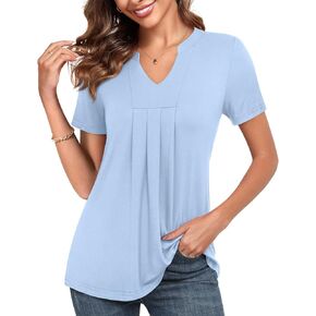 Anyhold Womens Summer Short Sleeve Tunic Tops Notch V Neck Shirt Casual Pleated Basic Pullover