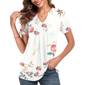 Anyhold Womens Summer Short Sleeve Tunic Tops Notch V Neck Shirt Casual Pleated Basic Pullover