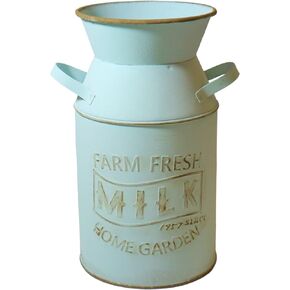 Galvanized Milk Can Antique Retro Vase Metal Planter Rustic Vintage Primitive Flower Holder Farmhouse Country Plant for Home Office Decor, 7.6" Blue-Green