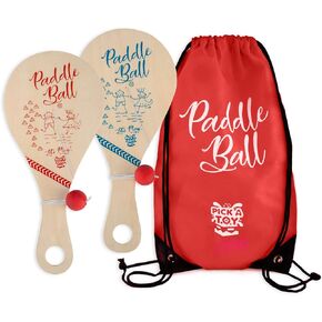 PICK A TOY Wooden Paddle Ball with String (Set of 2) with Green Carry Bag - Indoor Outdoor Toy: Kids Fun and Classic Paddleball Game for Boys and Girls, Party Favor Toys Ages 4+
