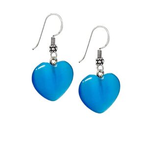 Women's Girls Handmade Natural Gemstone Heart Shape Sterling Silver Drop Earrings - Gift Ideas for Women (Black Agate)