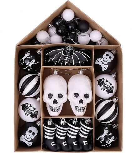 Valery Madelyn Halloween Ornaments Tree Decorations, 40ct Shatterproof Scary Black White Ball Ornament Set for Small Tree, Decorative Hanging Ornament for Spooky Gothic Holiday Party Indoor Home Decor in Saudi Arabia