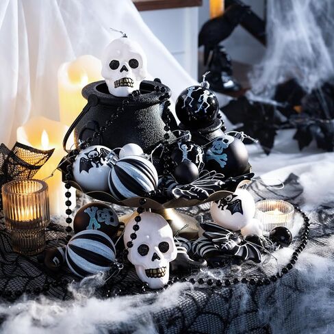 Valery Madelyn Halloween Ornaments Tree Decorations, 40ct Shatterproof Scary Black White Ball Ornament Set for Small Tree, Decorative Hanging Ornament for Spooky Gothic Holiday Party Indoor Home Decor in Saudi Arabia