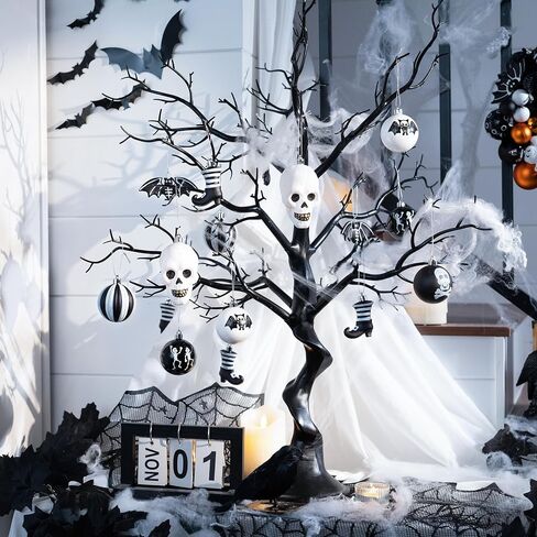 Valery Madelyn Halloween Ornaments Tree Decorations, 40ct Shatterproof Scary Black White Ball Ornament Set for Small Tree, Decorative Hanging Ornament for Spooky Gothic Holiday Party Indoor Home Decor in Saudi Arabia