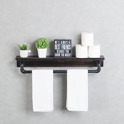 MBQQ Industrial Pipe Shelf,Rustic Wall Shelf with Towel Bar,20" Farmhouse Towel Racks for Bathroom,Floating Shelves Wall Mounted Home Decor Wooden Shelving,Black & White in Saudi Arabia