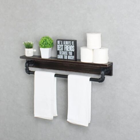 MBQQ Industrial Pipe Shelf,Rustic Wall Shelf with Towel Bar,20" Farmhouse Towel Racks for Bathroom,Floating Shelves Wall Mounted Home Decor Wooden Shelving,Black & White in Saudi Arabia