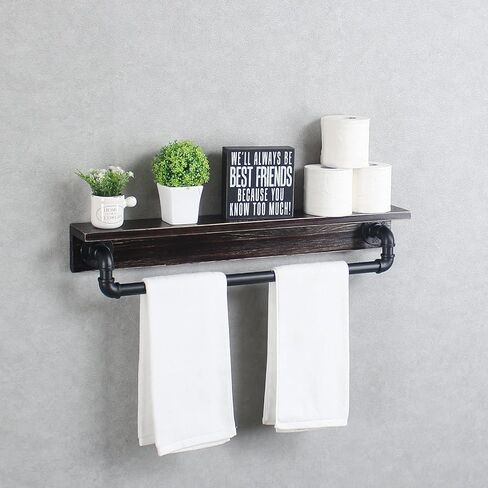 MBQQ Industrial Pipe Shelf,Rustic Wall Shelf with Towel Bar,20" Farmhouse Towel Racks for Bathroom,Floating Shelves Wall Mounted Home Decor Wooden Shelving,Black & White in Saudi Arabia