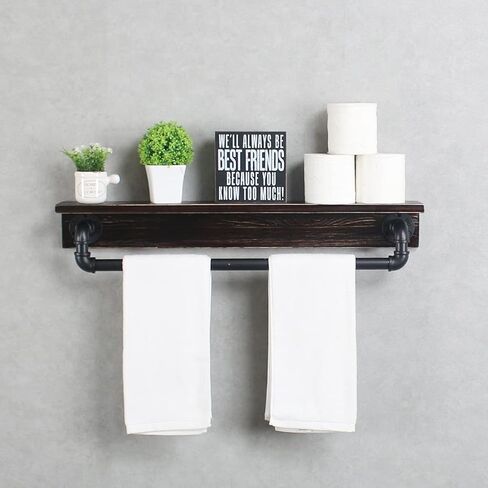 MBQQ Industrial Pipe Shelf,Rustic Wall Shelf with Towel Bar,20" Farmhouse Towel Racks for Bathroom,Floating Shelves Wall Mounted Home Decor Wooden Shelving,Black & White in Saudi Arabia