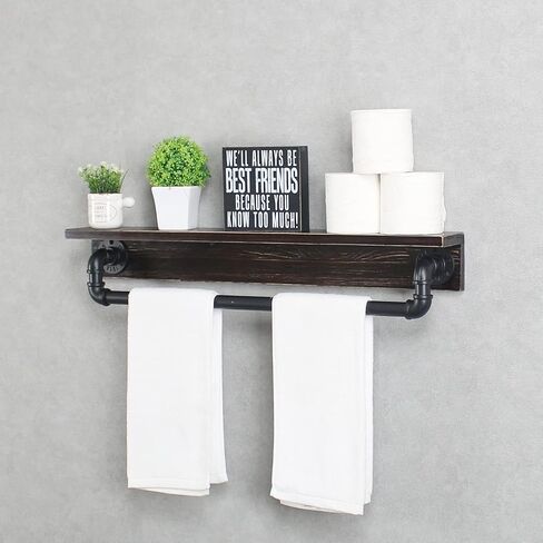 MBQQ Industrial Pipe Shelf,Rustic Wall Shelf with Towel Bar,20" Farmhouse Towel Racks for Bathroom,Floating Shelves Wall Mounted Home Decor Wooden Shelving,Black & White in Saudi Arabia