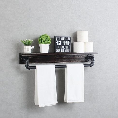 MBQQ Industrial Pipe Shelf,Rustic Wall Shelf with Towel Bar,20" Farmhouse Towel Racks for Bathroom,Floating Shelves Wall Mounted Home Decor Wooden Shelving,Black & White in Saudi Arabia