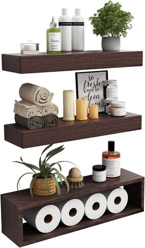 Farmhouse Bathroom Shelves Large, Floating Shelves Over Toilet with Paper Storage Rack, 21 x 6 Inch Wall Shelves for Bathroom, Bedroom, Kitchen, Wall Decor Set of 3, Fully Assembled in Saudi Arabia