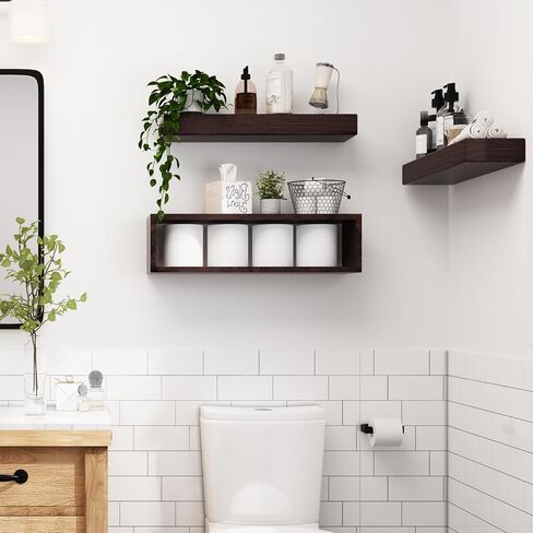 Farmhouse Bathroom Shelves Large, Floating Shelves Over Toilet with Paper Storage Rack, 21 x 6 Inch Wall Shelves for Bathroom, Bedroom, Kitchen, Wall Decor Set of 3, Fully Assembled in Saudi Arabia