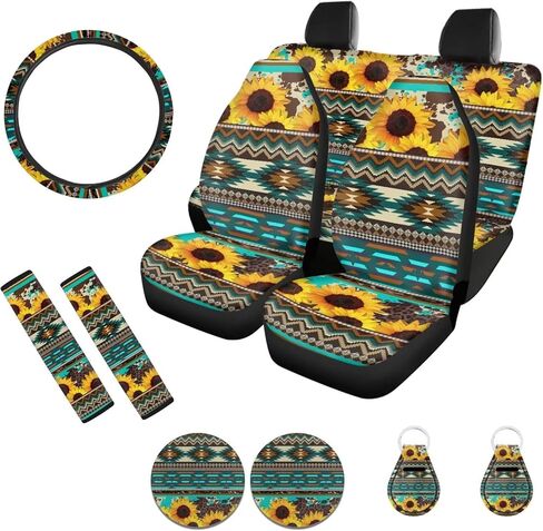 Beautiful Abstract Hippie Flower Car Seat Cover Protector with Steering Wheel Cover, Seatbelt Pads, Coasters, Keychains for Women Girls,Accessories Set of 11 in Kuwait
