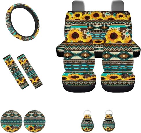 Beautiful Abstract Hippie Flower Car Seat Cover Protector with Steering Wheel Cover, Seatbelt Pads, Coasters, Keychains for Women Girls,Accessories Set of 11 in Kuwait