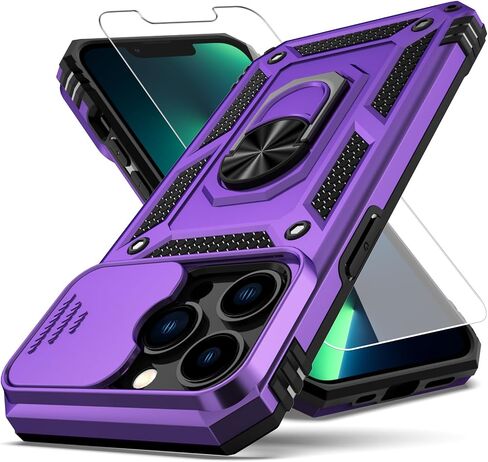 for iPhone 13 Pro Max Case,with Camera Lens Cover HD Screen Protector,[Military Grade] Ring Car Mount Kickstand Hybrid Hard PC Soft TPU Shockproof Protective Case for iPhone 13 Pro Max, Black in Kuwait