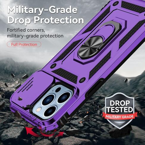 for iPhone 13 Pro Max Case,with Camera Lens Cover HD Screen Protector,[Military Grade] Ring Car Mount Kickstand Hybrid Hard PC Soft TPU Shockproof Protective Case for iPhone 13 Pro Max, Black in Kuwait