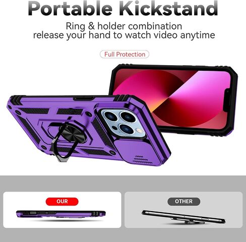 for iPhone 13 Pro Max Case,with Camera Lens Cover HD Screen Protector,[Military Grade] Ring Car Mount Kickstand Hybrid Hard PC Soft TPU Shockproof Protective Case for iPhone 13 Pro Max, Black in Kuwait