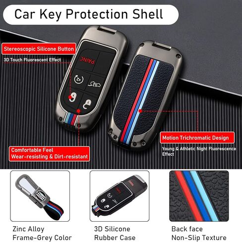Moonlinks Zinc Alloy Key Fob Cover Case 5-Button & Keychain Compatible with Jeep Grand Cherokee Dodge Challenger Charger Dart Durango Journey Chrysler 300,Silicone Remote Key Case Holder Shell,Gray in Saudi Arabia