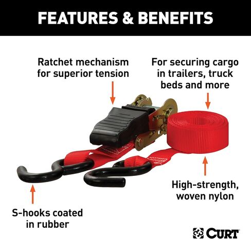 CURT 83001 1-Inch x 10-Foot Red Nylon Ratchet Straps, 1,500 lbs. Break Strength, 2-Pack in Saudi Arabia